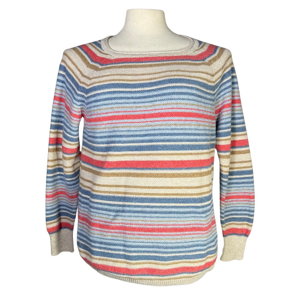 L.L.Bean Women Blue Coral Striped Textured Cotton Raglan Pullover Sweater 508281